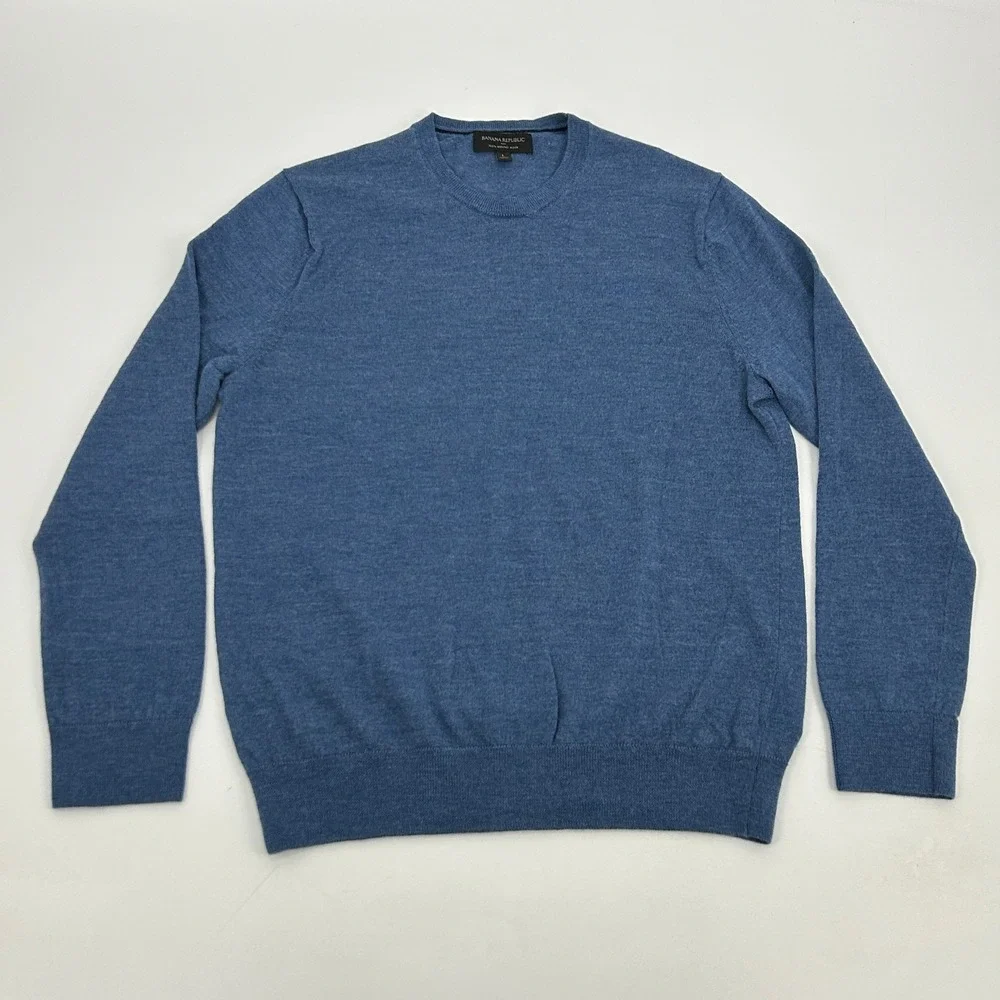 Banana Republic Sweater Mens L Blue 100% Merino Wool Crew Neck Long Sleeve Knit